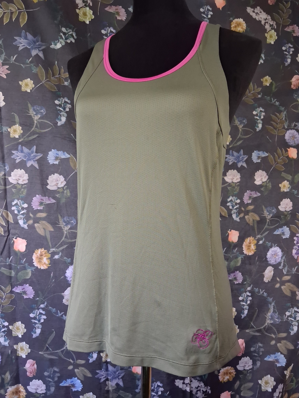 Ladies Olive Green Tank Top with Pink Trim
